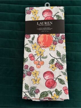 Ralph Lauren White Kitchen Towel with Yellow Flowers and Red Fruit Print
